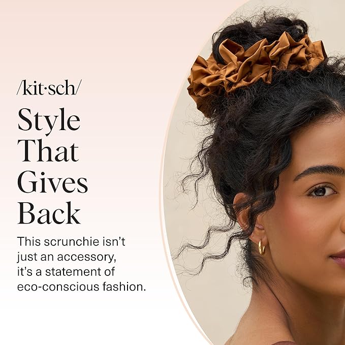 Kitsch Recycled Satin Ruffle Scrunchie – Gentle Hair Scrunchie for Women, Eco-Friendly Hair Tie No Damage, Stylish Ponytail Holder | Ideal Gifts for Women - Camel