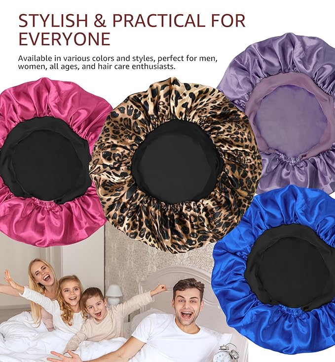 HiRui Silk Satin Bonnet for Sleeping Women, Double-Layer Sleep Cap Shower Cap with Adjustable Tie, Moisture Retaining Satin Lined Hair Bonnet for Curly and Natural Hair (Black, Medium)