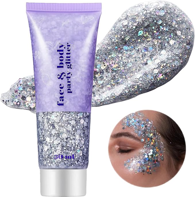 Go Ho Silver Face Body Glitter Gel,Singer Concerts Silver Face Paint Makeup,Holographic Chunky Glitters for Hair/Lip/Nails on Party Halloween Makeup,Festival Rave Accessories,52g