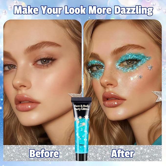 AROIC 14 Pcs Body Glitter - 7 Colors Mermaid Fairy Sparkle Makeup, Face & Hair Glitter Gel for Women Match with Mermaid Costume, Concerts Rave Accessories, Face Paint, Cosplay, Festival Birthday Party