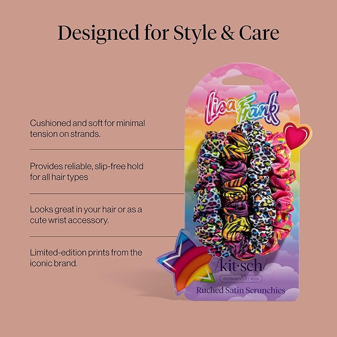 Lisa Frank x Kitsch Ruched Satin Scrunchies for Women - Softer Than Silk Scrunchies | Hair Ties No Damage for Frizz-Free Sleep | Ideal Gifts for Women - Rainbow Leopard 4 pcs