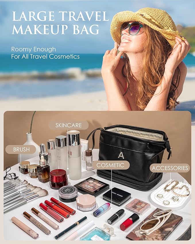 Birthday Gift Ideas, Gifts for Women, Initial Large Makeup Bag for Her, Travel Essentials, Girly Girl Stuff Cosmetic Bag with Makeup Brush Organizer, Gifts for Mothers Teens Girls