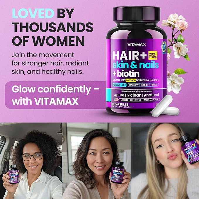 Biotin | Collagen | Keratin Booster with Hyaluronic Acid - Thicker Hair Growth, Healthy Skin & Stronger Nails Supplement – Extra Strength - Multi Vitamin B Complex - Women & Men - Made in USA - 60ct