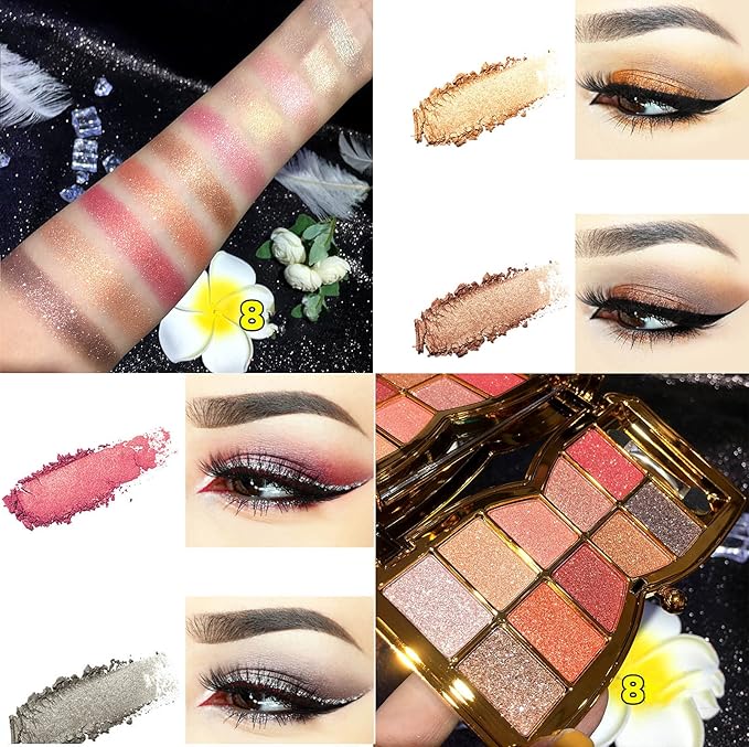 Glitter Eyeshadow Palette, 10 Colors Sparkle Shimmer & Matte Eye Shadow Highly Pigmented Waterproof Long Lasting Makeup Set (Color 8)