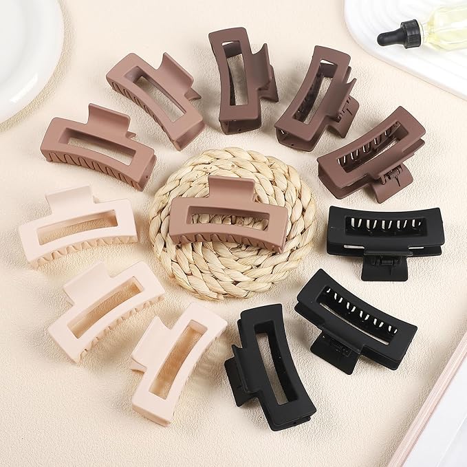 12 Pcs Medium Hair Clips for Women, 3.5 Inch Square Claw Clips, Colorful Hair Claw Clips for Thick and Thin Hair, Bulk Hair Accessories for Women and Girls- Brown