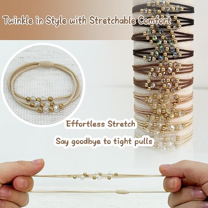 10pcs Brown Hair Ties with Gold & Crystal Beads, Thin Elastic Ponytail Holders for Women, No Damage, Stylish Hair Accessories
