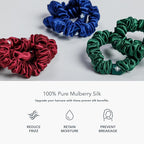 Fishers Finery 25 Momme Pure Mulberry Silk Skinny Scrunchies | Hair Tie Set for Thin Hair (Navy|Green|Red- 6 Pk)