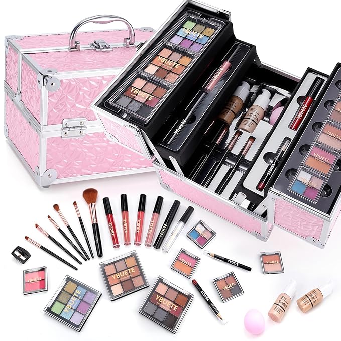 Professional Makeup Kit for Girl Women, Full Starter Cosmetic Set with Storage Case, Reusable Full Cosmetic Train Case Included Foundation Eyeshadow Blush Lipstick Lip Liner Mascara Eyeliner