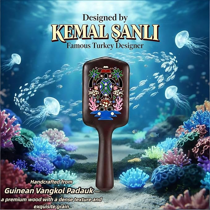 SIMETRA Wooden Paddle Hair Brush Unique Pattern Guinean Ovangkol Hardwood Bristles Hair Brushes for Women Wet Brush Detangling Brush for Scalp Massage for Men Kids for All Hair Types (Turtle)