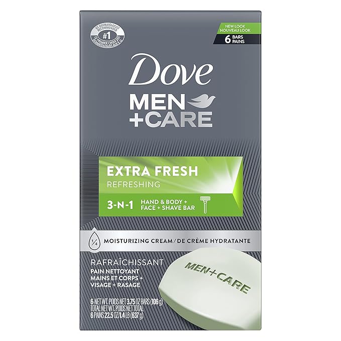 DOVE MEN + CARE 3 in 1 Cleanser for Body, Face, and Shaving to Clean and Hydrate Skin Extra Fresh Body and Facial Cleanser More Moisturizing Than Bar Soap 3.75 oz 6 Bars