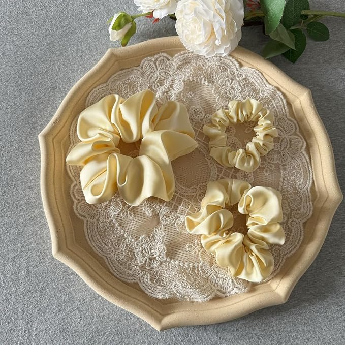 3 Pieces Satin Scrunchies Set for Hair No Crease Elastic Hair Ties for Women and Girls (Light Yellow)