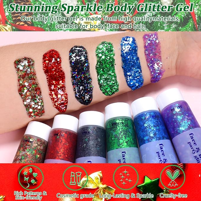Boko 50ML Body Glitter Gel, Red Green Mardi Gras Chunky Glitter Gel for Face Hair Body Sparkle Makeup, Cosmetic Mermaid Face Glitter Sequins for Mardi Gras Concert Party Event Rave Accessories