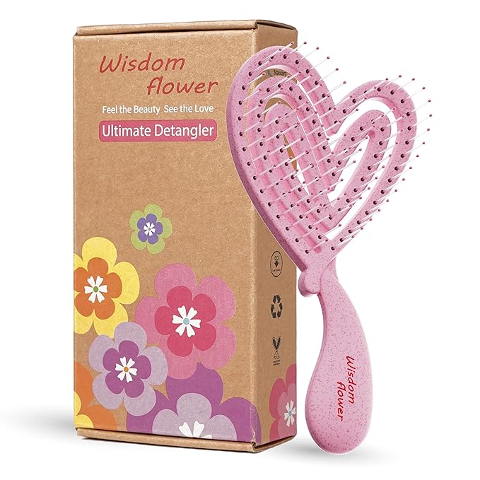 Detangler Brush – Heart-Shaped Detangling Brush for Curly, Wavy, Thick Hair – Sakura pink Hairbrush for Women with Bowl-Curve, Flexible Bristles, Blow Dryer Safe, Small