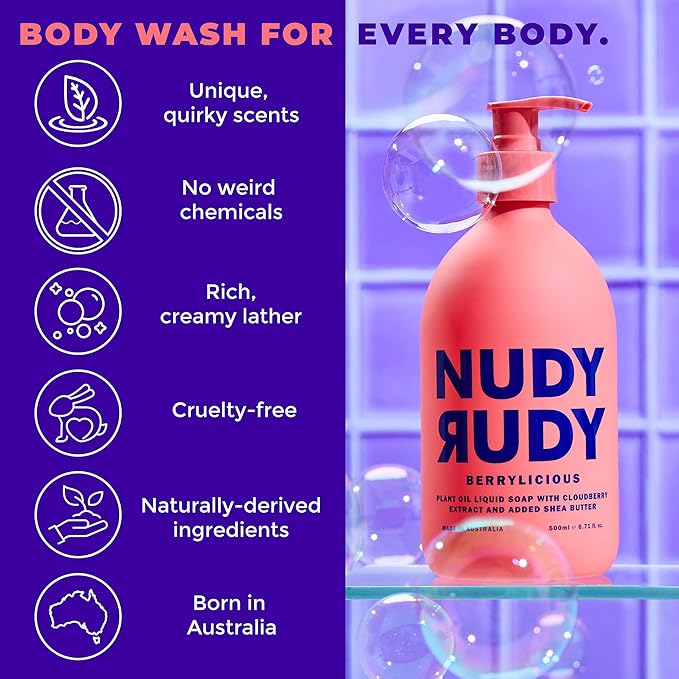 Nudy Rudy 3 Pack Liquid Body Wash Bundle Sea Salt Suds Berrylicious and Hunny Bunny Aloe Manuka Honey Vitamin E Moisturizing Shower Gel Body Wash Skin Care Men and Women 16.9 fl oz