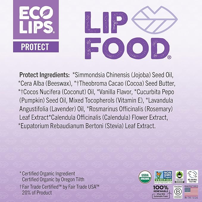 Eco Lips Lip Food - Nutrient Dense & Organic Lip Balm (Protect) - Lavender & Vanilla 3-pack