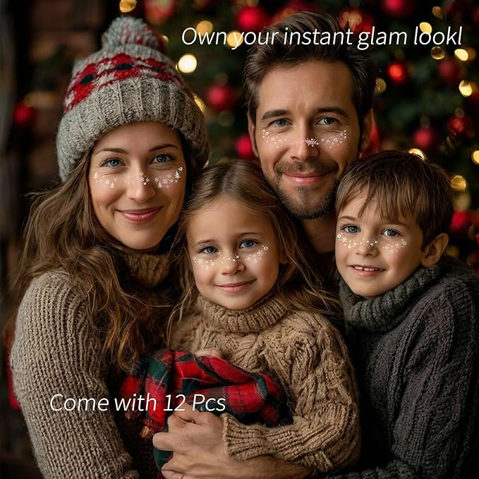 Face Glitter Freckles 12 Pcs Christmas Temporary Face Tattoos Stickers Waterproof Sparkle Face Speckles Makeup Patches Cute Body Temporary Tattoo Rave Accessories for Women Music Festival Accessorie