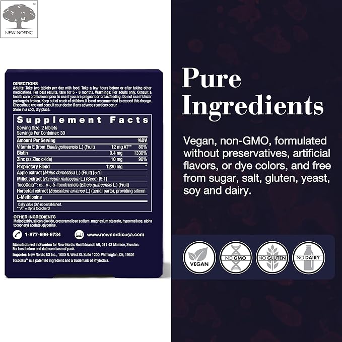 NEW NORDIC Hair GRO, Hair Growth Supplement, Biotin & Palm Fruit Extract Tocotrienols for Natural Regrowth, 60 Count (Pack of 1)