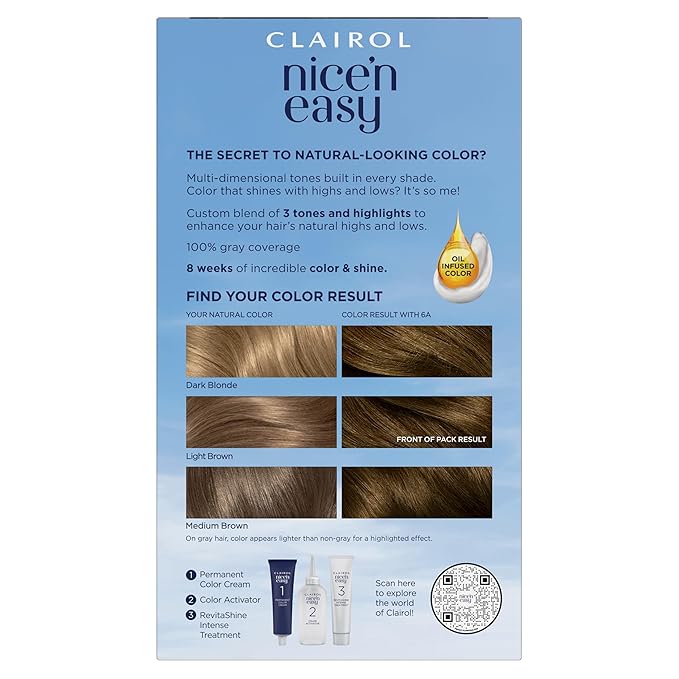 Clairol Nice'n Easy Permanent Hair Dye, 6A Light Ash Brown Hair Color, Pack of 3
