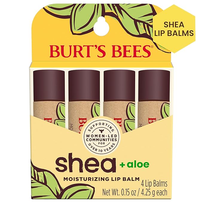 Burt's Bees Shea + Aloe Lip Balm Stocking Stuffers Christmas Gifts, Antioxidant Vitamin Rich Formula Locks in Moisture for Instant Hydration, Natural Smoothing Lip Treatment for After Sun Care(4-Pack)