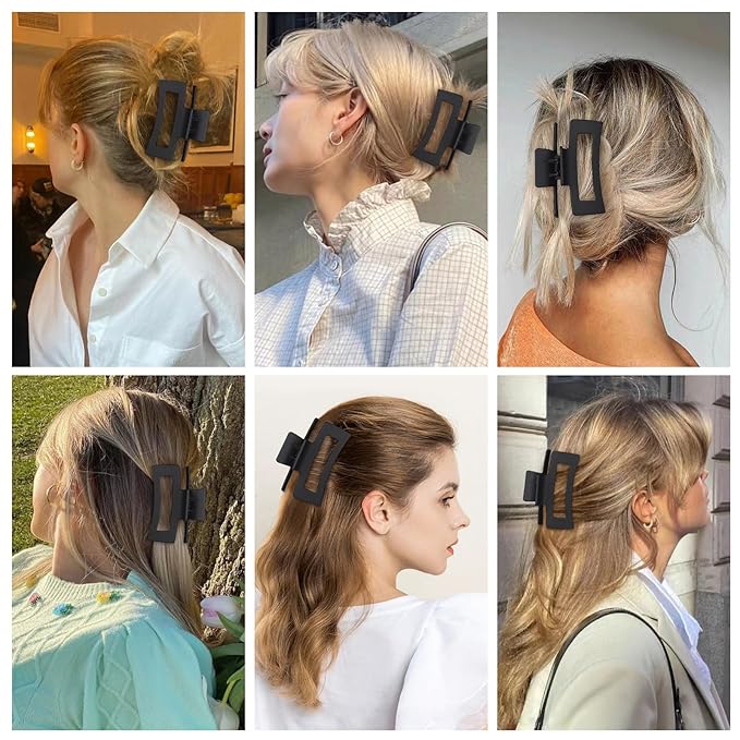 Square Hair Clips 3.5 Inch Medium Claw Clips Rectangle Hair Claw Clips 6 Pack Rubber Paint Jaw Non-Slip Thick Hair Accessories for Women Girls -Black