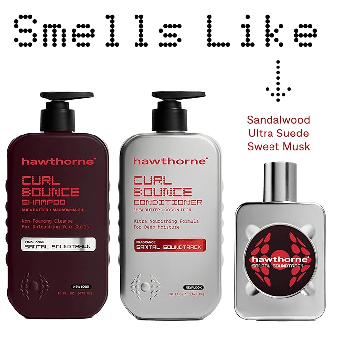 Hawthorne Curl Bounce Men's Curly Hair Shampoo and Conditioner Set. Sulfate Free Shampoo and Conditioner with Shea Butter and Macadamia Oil For Healthy, Hydrated Hair. Sandalwood Scent. 16 oz. each.