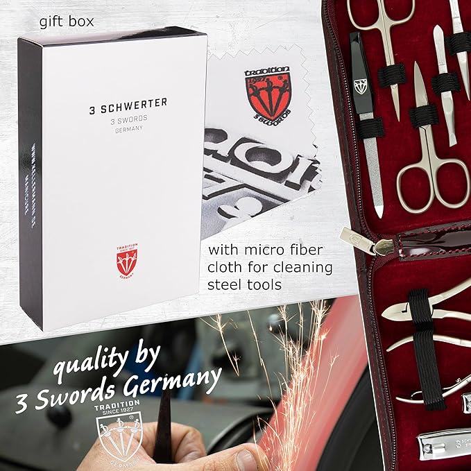 3 Swords Germany - brand quality 12 piece manicure pedicure grooming kit set for professional finger & toe nail care with burgundy synthetic leather case - Made in Germany