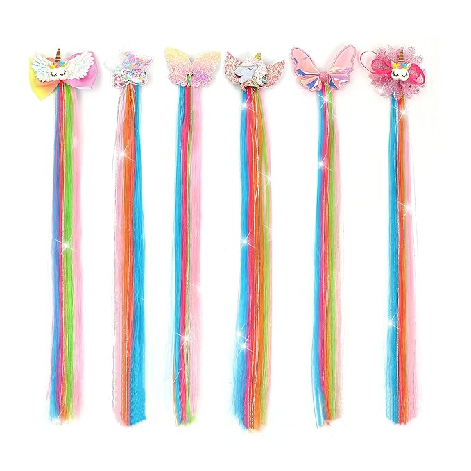 6 Pcs Unicorn Hair Bows Hair Clips For Girls Rainbow Hair Extensions For Kids Toddler Kids Ponytails Hand-made Cute Glitter Hair Accessories