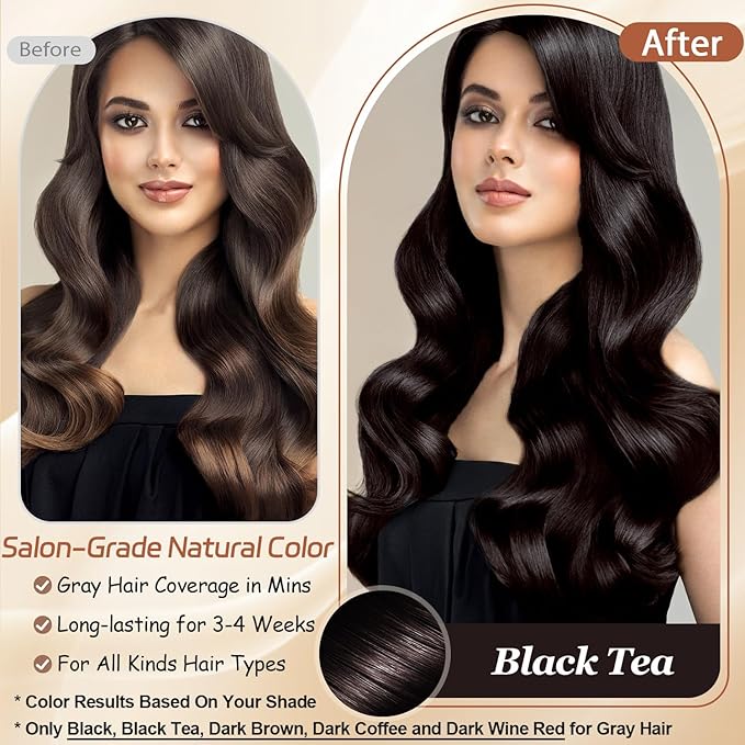 Instant Black Tea Hair Dye Shampoo for 100% Gray Hair Coverage, Natural Herbal Hair Color Shampoo Hair Dye, 3 in 1 Coloring & Care Formula Lasts 3-4 Weeks, Easy & Quick to Use for Women Men, 500ML