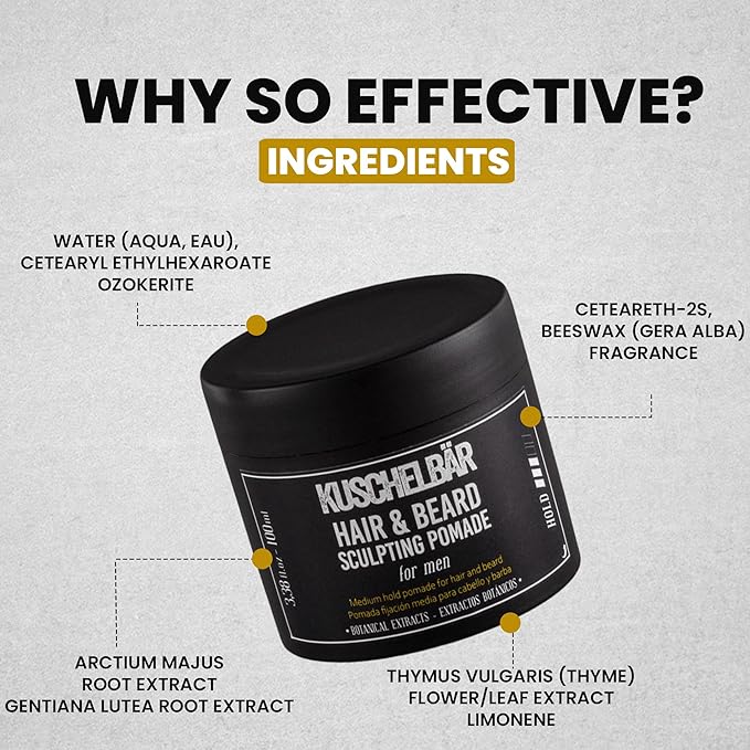 KUSCHELBAR - Pomade For Men | Pomade For Men Strong Hold | Natural Botanical Extracts | Shape and Control Your Beard or Mustache | Leave-In, Non-Greasy, Lightweight l 1,01 fl.oz