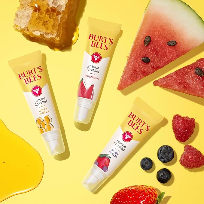 Burt's Bees Stocking Stuffers, Rescue Lip Relief, Berry Medley, Hydrating Lip Balm for Dry Cracked Lips, with Responsbily Sourced Beeswax and Shea Butter, 100% Natural Origin, 1 Squeezy Tube, 0.35oz