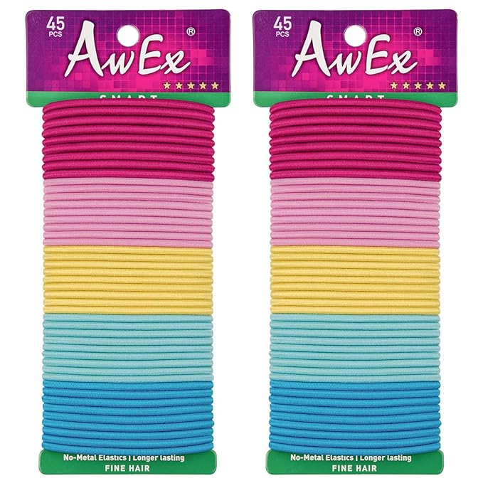 AwEx Colorful Ponytail Holders for THIN Hair,0.12 inch (3 mm) in Thickness,5.5 inches(140 mm) Regular Loop Hair Bands,No Metal Hair Elastics,Hair Ties for FINE Hair