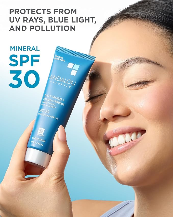 Andalou Naturals Clear Skin Mineral Face Sunscreen SPF 30 - Daily Shade Pollution Defense Facial Sunblock Lotion with Zinc Oxide - Lightweight, Non-Greasy, Non-comedogenic, Fragrance-Free - 2.7 fl oz