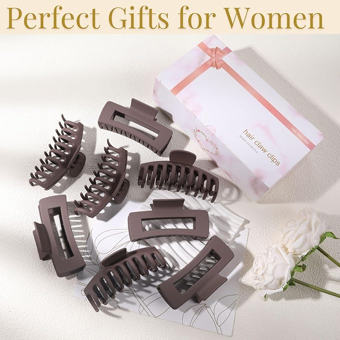 Brown Hair Clips for Women - 8 Pack 4.3 Inch Large Matte Banana Claw Clips for Women Thin Thick Curly Hair, Big Strong Hold jaw