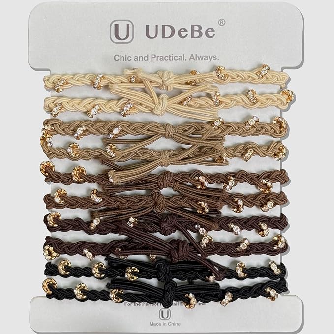 10pcs Braided Hair Ties with Gold & Crystal Beads, Elastic Hair Ties for Women, Neutral Colors