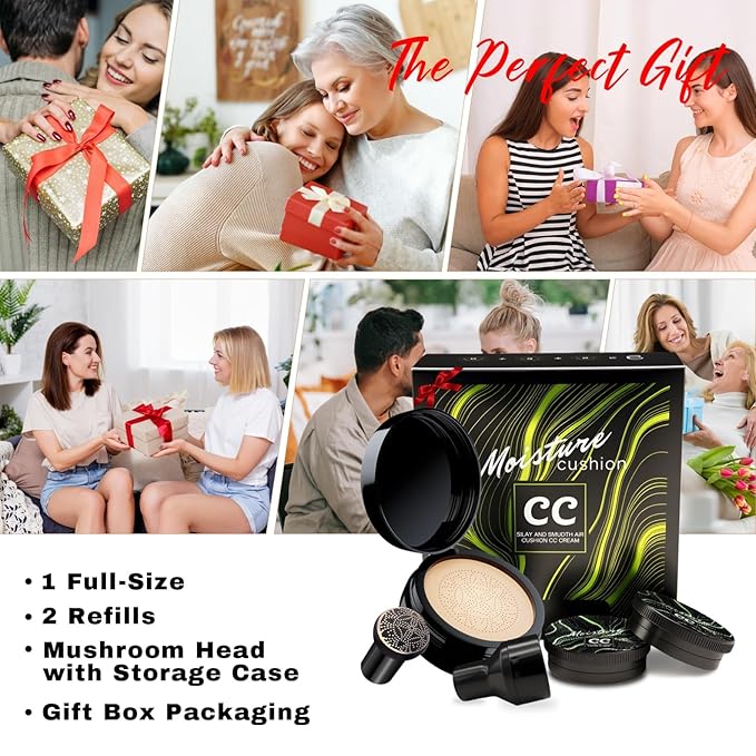 Mushroom Head Air Cushion CC Cream Christmas Gifts for Women, 1 Full-Size Makeup Foundation with 2 Refills & 1 Special Mushroom Head Puff, Upgraded Ingredients Long-lasting (Natural, 0.71 Fl Oz*3)