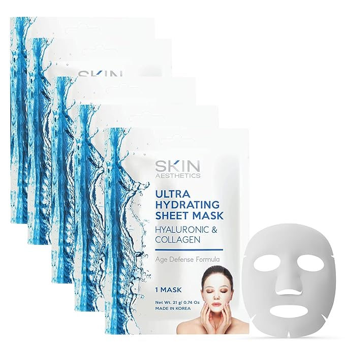 Hyaluronic & Collagen Sheet Face Mask - Skin Firming, Anti-Aging, Moisturizing & Plumping - Dermatologist Tested Korean Skincare - Clean Beauty, Cruelty-Free - 5 Masks