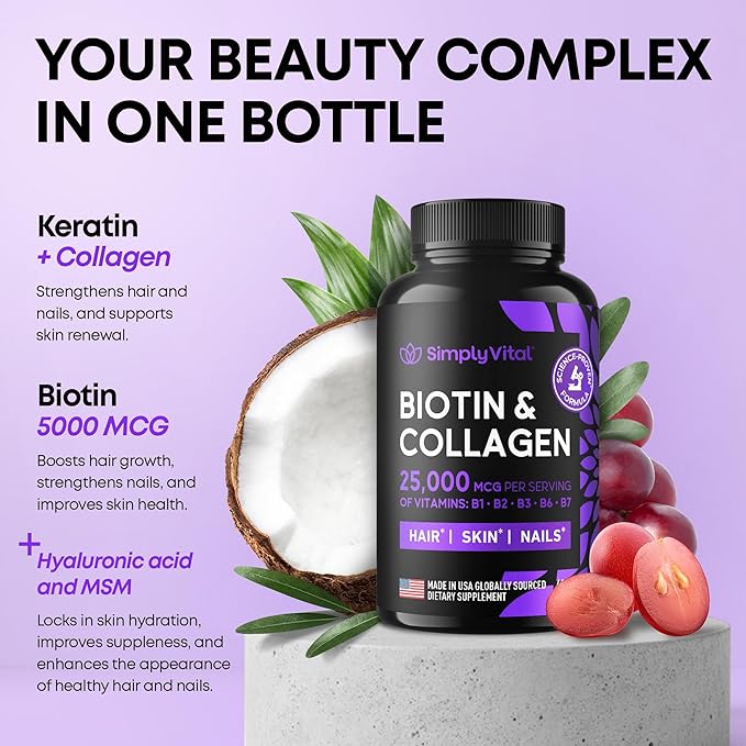 Biotin and Collagen Supplements with Keratin 25000 mcg - Hair Skin & Nails Vitamins with Collagen Keratin B Complex - Made in USA - Biotin for Hair Growth Women & Men Support Skin & Nails, 60 Capsules