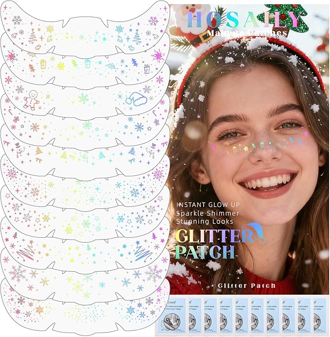 10pcs Christmas Face Glitter Freckles Tattoo, Holographic Body Glitter Faux Freckle Stickers for Women Girls, Sparkle Star Speckles Makeup Patches for Concert Festival Rave Cosplay Accessories