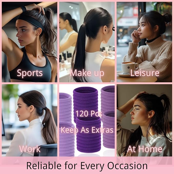 LuSeren 120 Pcs Purple Hair Ties for Women, No Damage Soft Seamless Nylon Hair Elastics for Thick Hair, Ponytail Holders, 3 Gradient Purple Hair Accessories