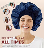 HiRui Silk Satin Bonnet for Sleeping Women, Double-Layer Sleep Cap Shower Cap with Adjustable Tie, Moisture Retaining Satin Lined Hair Bonnet for Curly and Natural Hair (Navy Blue/Light Blue, Large)
