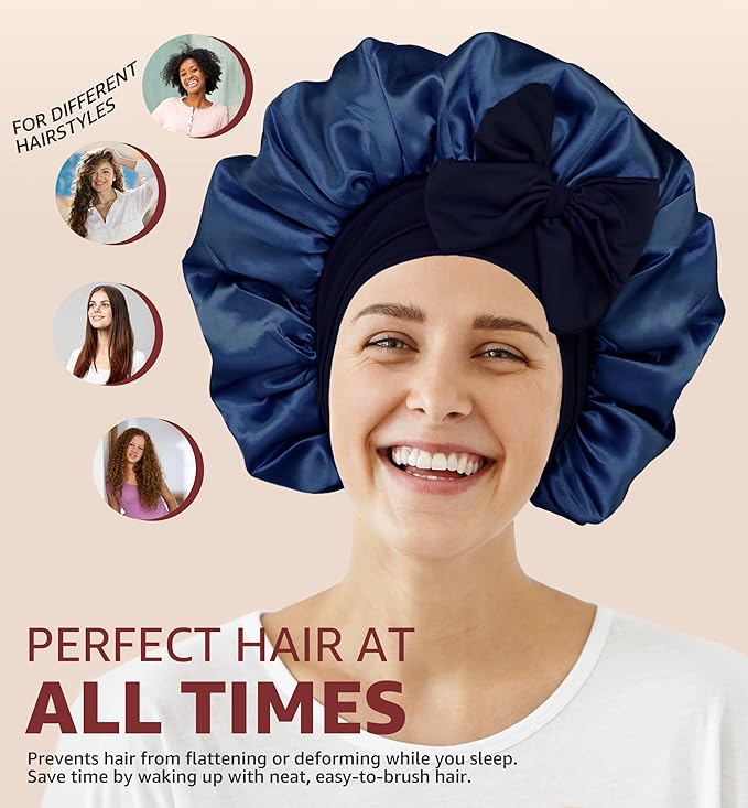 HiRui Silk Satin Bonnet for Sleeping Women, Double-Layer Sleep Cap Shower Cap with Adjustable Tie, Moisture Retaining Satin Lined Hair Bonnet for Curly and Natural Hair (Navy Blue/Light Blue, Large)