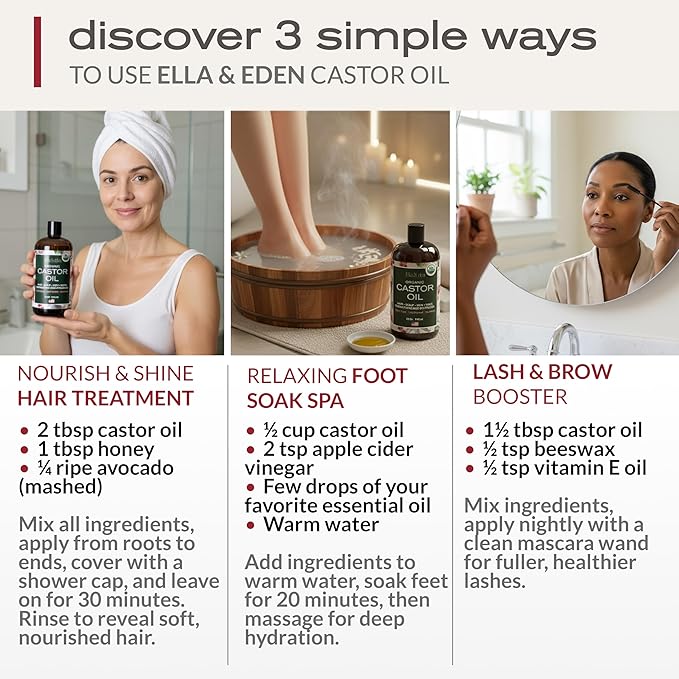 Ella & Eden Organic Castor Oil - Big 32 Fl Oz Glass Bottle - Cold-Pressed, Hexane-Free, USDA Certified, Unrefined & 100% Pure - For Hair Growth, Face, Skin