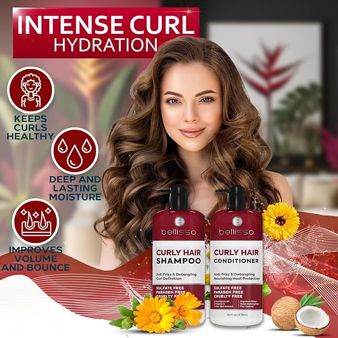 Curly Hair Shampoo and Conditioner Set - For Defining Wavy, Permed, Frizzy, Fine and Black Curls - Moisturizing, Sulfate Free Formula for Women and Men - Products are Safe for Color Treated Locks