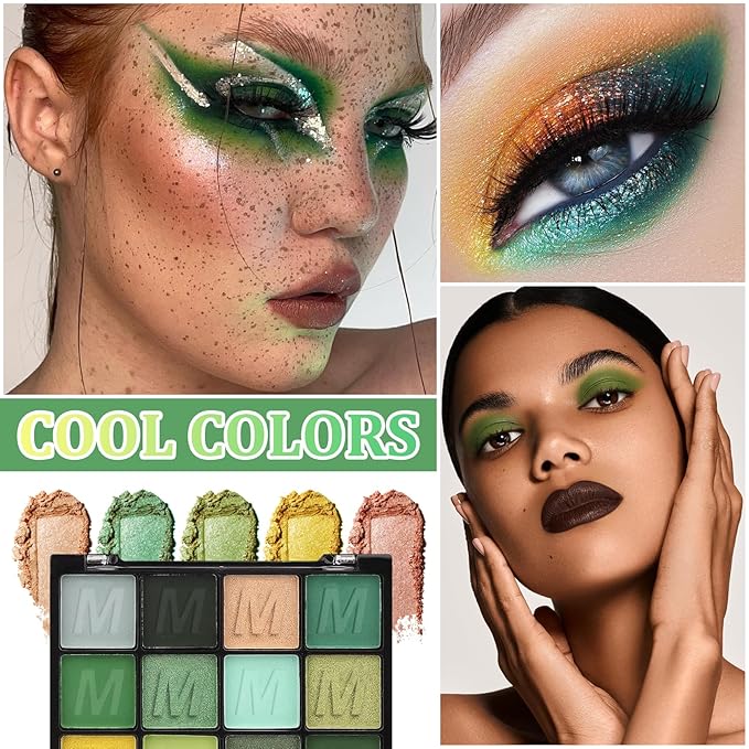 Green Eyeshadow Palette Makeup,16 Colors Highly Pigmented Long Lasting Waterproof Glitter Eye Shadow Plattet,Blendable Forest Green Yellow Colorful Matte Eyeshadow Makeup Palette for Women