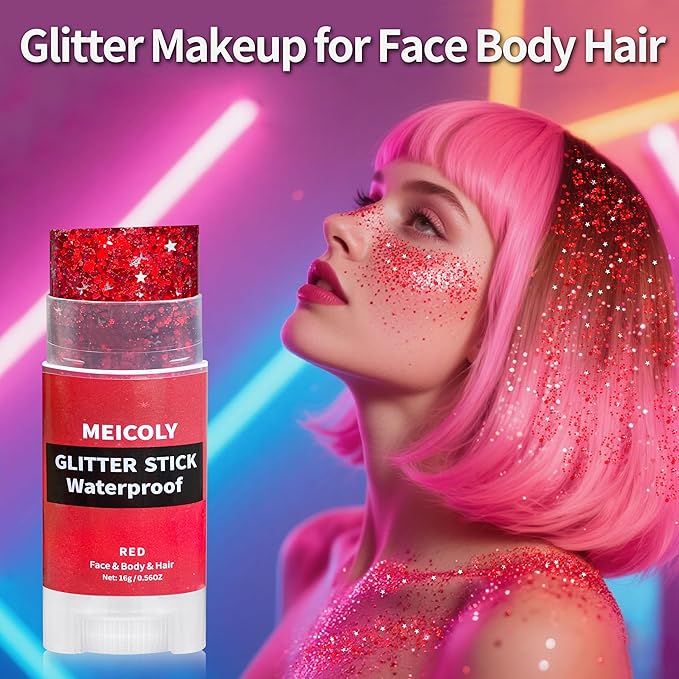 MEICOLY Red Face Body Glitter Stick,Hair Glitter Stick for Women,Sparkle Chunky Glitter Makeup for Halloween Mardi Gras,Waterproof Face Glitter for Party Rave Festival