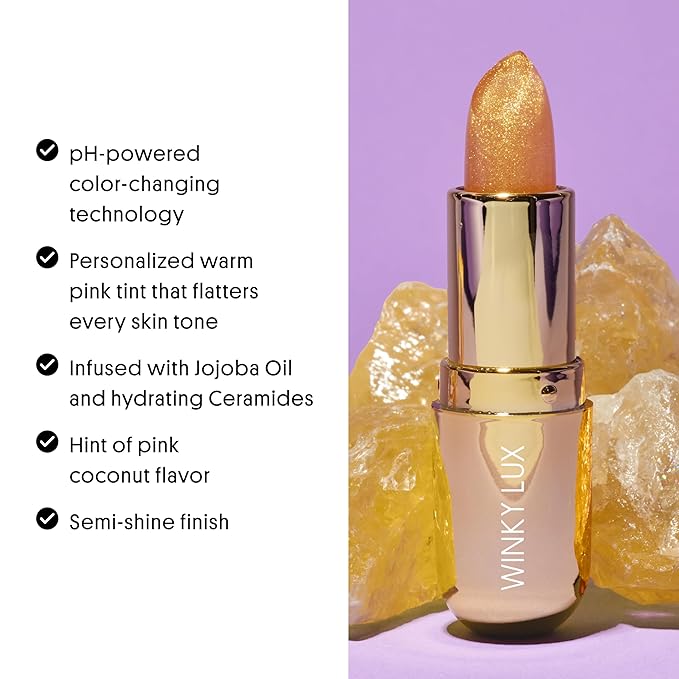 Winky Lux Citrine Glimmer Balm – Nourishing pH Lip Balm with Color Changing Golden Pink Tint, Hydrating Ceramides Soften Lips, Coconut Scent