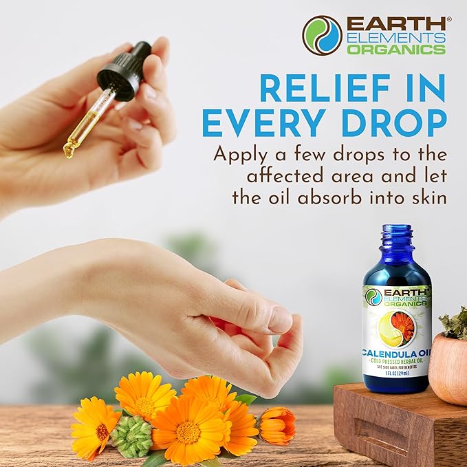 Calendula Oil with Sunflower Oil, Herbal Care for Chapped or Damaged Skin, Organic Skincare for All Skin Types - 1 fl oz