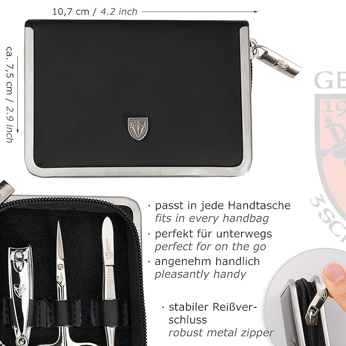 3 Swords Germany - brand quality 6 piece manicure pedicure kit set for professional finger & toe nail care with leather case - Made in Germany - black genuine leather