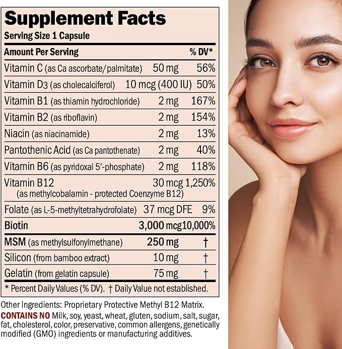 ANDREW LESSMAN Healthy Hair, Skin and Nails 120 Capsules - 5000 mcg High Bioactivity Biotin, B-Complex. Promotes Beautiful Skin, Strong Nails. No Additives Hair Growth Vitamins Biotin Supplement