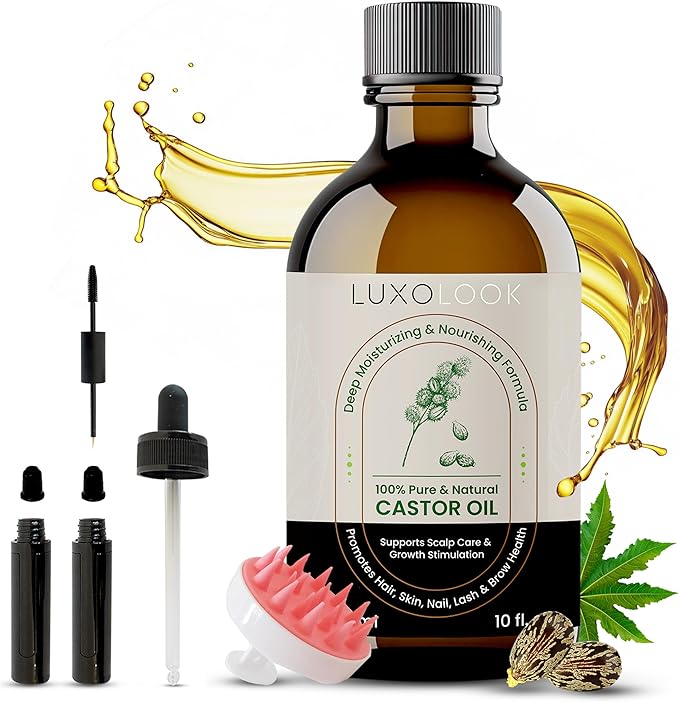 Pure Castor Oil - Cold Pressed 100% Castor Oil for Hair Growth, Skin, Eyebrows, Eye Lashes, Nails & Cuticles - Hexane Free, Natural & Unrefined - Includes Dual Mascara, Dropper & Scalp Massager